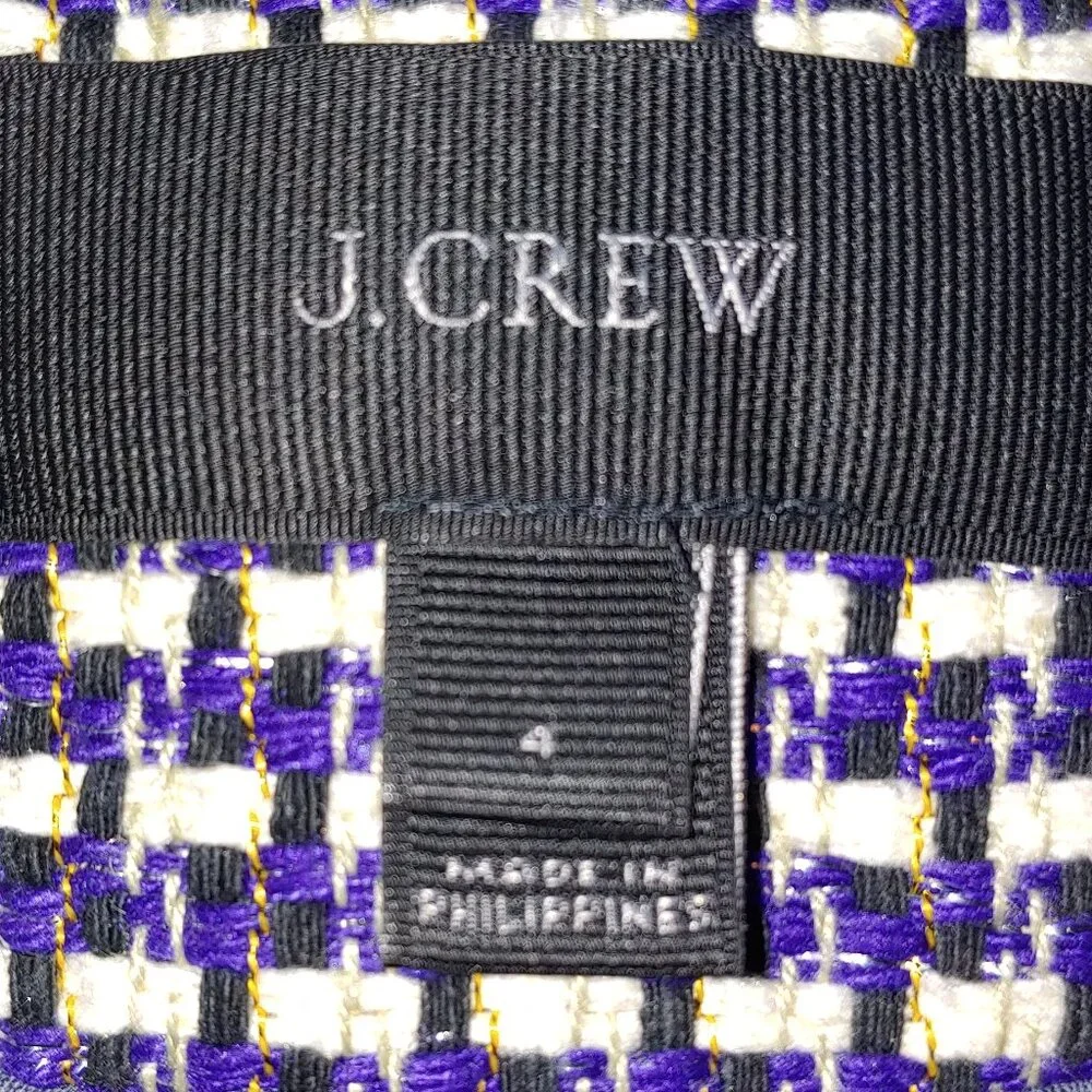 J Crew Navy 3/4 Sleeve Cropped Silk Blend Tweed Blazer Jacket Size 4